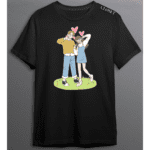 Black t-shirt featuring an anime-style couple posing playfully with pink hearts – HH Closet