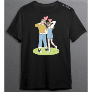 Black t-shirt featuring an anime-style couple posing playfully with pink hearts – HH Closet