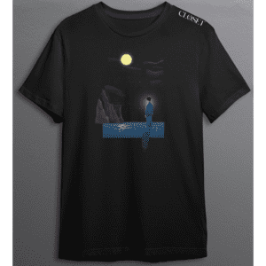 Black t-shirt with a glowing figure near water under a full moon and night sky – HH Closet Retro Collection