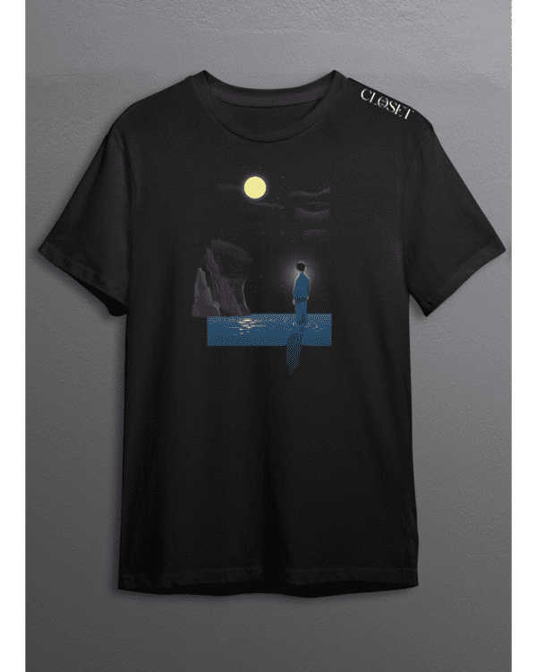 Black t-shirt with a glowing figure near water under a full moon and night sky – HH Closet Retro Collection