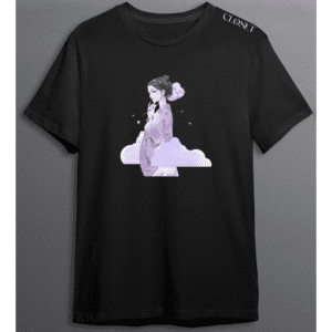 Black t-shirt with East Asian woman in lavender robe holding a fan with soft clouds – HH Closet Retro Collection