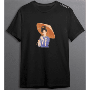 Black t-shirt with elegant woman in traditional dress holding a golden parasol – HH Closet Retro Collection