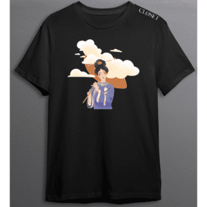 Black t-shirt with elegant woman in traditional Asian attire holding a parasol among soft clouds – HH Closet Retro Collection