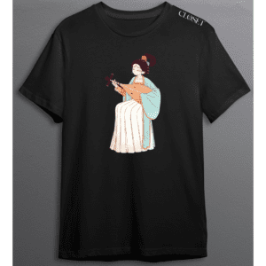 Black t-shirt featuring elegant woman playing a traditional string instrument in classic Asian attire – HH Closet Retro Collection