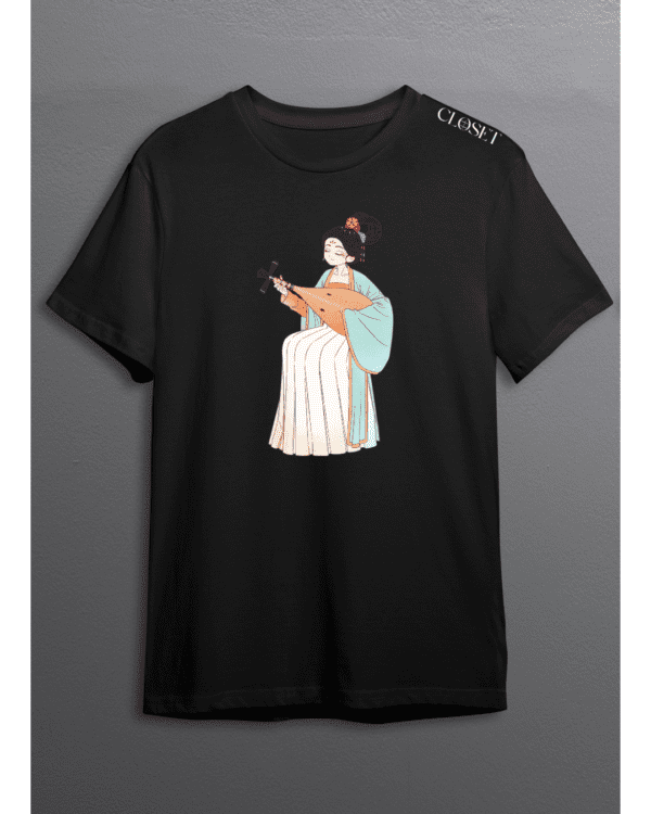 Black t-shirt featuring elegant woman playing a traditional string instrument in classic Asian attire – HH Closet Retro Collection