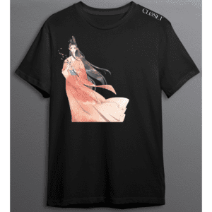 Black t-shirt with elegant woman in coral robe holding cherry blossoms – HH Closet Retro Collection