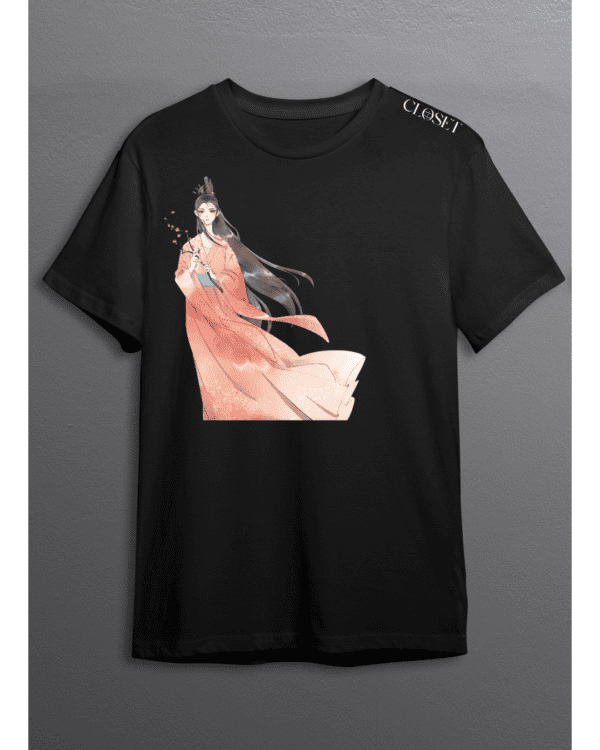 Black t-shirt with elegant woman in coral robe holding cherry blossoms – HH Closet Retro Collection