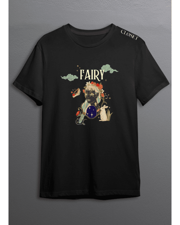 Black t-shirt featuring celestial fairy with flowers, rabbit, stars, and mystic elements – HH Closet Retro Collection