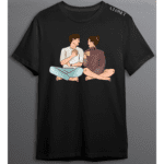 Black t-shirt featuring a couple sitting cross-legged with coffee mugs, sharing an intimate moment – HH Closet Retro Collection