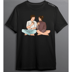 Black t-shirt featuring a couple sitting cross-legged with coffee mugs, sharing an intimate moment – HH Closet Retro Collection