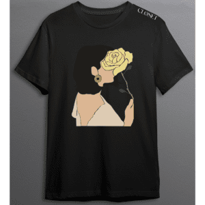 Black t-shirt with abstract faceless woman smelling a yellow rose – HH Closet Retro Collection