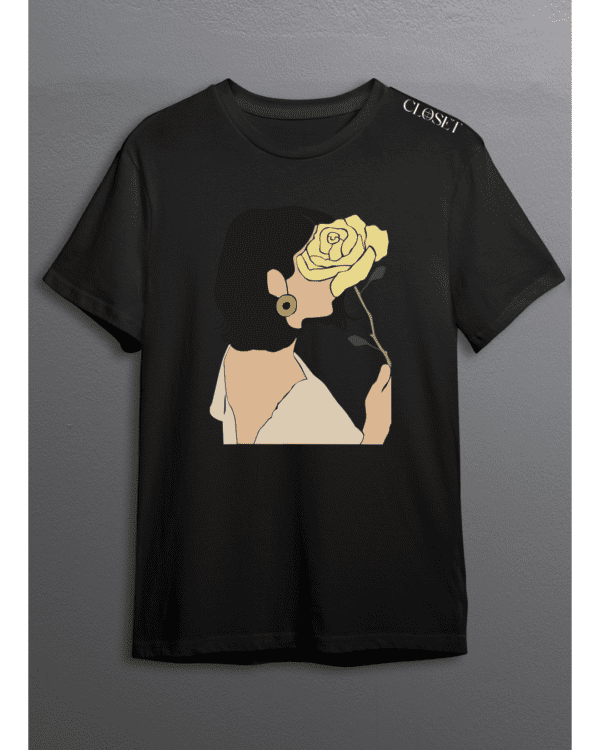 Black t-shirt with abstract faceless woman smelling a yellow rose – HH Closet Retro Collection