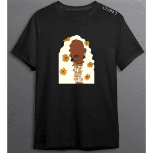 Black retro t-shirt with abstract woman and floral design – Live Without Regret by HH Closet