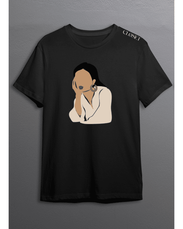 Black t-shirt with faceless woman resting her head on her hand in neutral outfit and hoop earrings – HH Closet Retro Collection