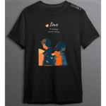 Black t-shirt with illustrated couple standing back to back in warm sunset tones with the quote “Love – A Journey Worth Taking” – HH Closet Retro Collection