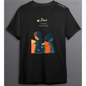 Black t-shirt with illustrated couple standing back to back in warm sunset tones with the quote “Love – A Journey Worth Taking” – HH Closet Retro Collection