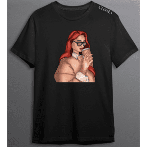 Black t-shirt with graphic of confident woman with red hair, sunglasses, and coffee cup – HH Closet Retro Collection