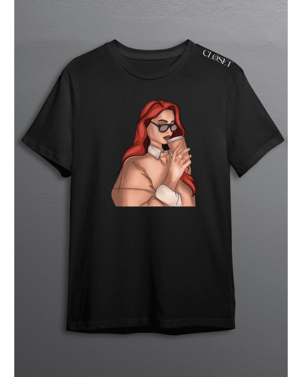 Black t-shirt with graphic of confident woman with red hair, sunglasses, and coffee cup – HH Closet Retro Collection