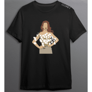 Black t-shirt featuring faceless woman holding a bouquet of white daisies – HH Closet Retro Collection