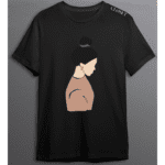 Black t-shirt with minimalist illustration of faceless woman with tied hair in downward reflective pose – HH Closet Retro Collection