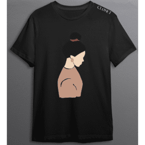 Black t-shirt with minimalist illustration of faceless woman with tied hair in downward reflective pose – HH Closet Retro Collection