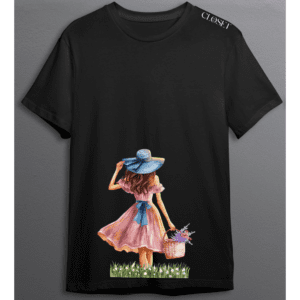 Black t-shirt with vintage-style girl in pink dress, holding a basket in a field – HH Closet Retro Collection