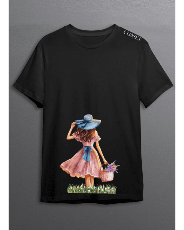 Black t-shirt with vintage-style girl in pink dress, holding a basket in a field – HH Closet Retro Collection