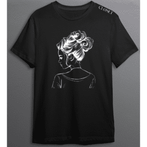 Black t-shirt with artistic white sketch of a woman in a bun – HH Closet Retro Women’s Collection