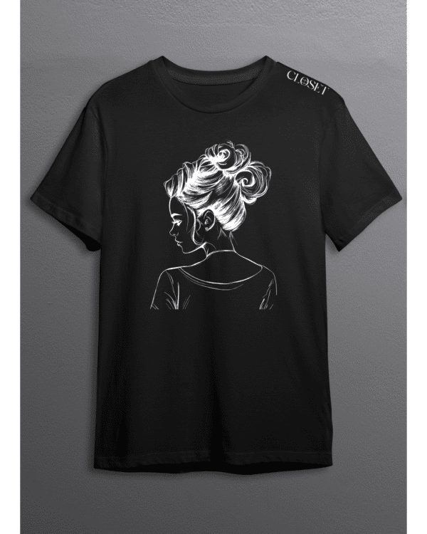 Black t-shirt with artistic white sketch of a woman in a bun – HH Closet Retro Women’s Collection