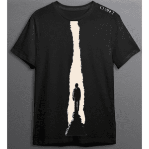 Black retro t-shirt with abstract figure standing inside a jagged vertical path – HH Closet minimal collection