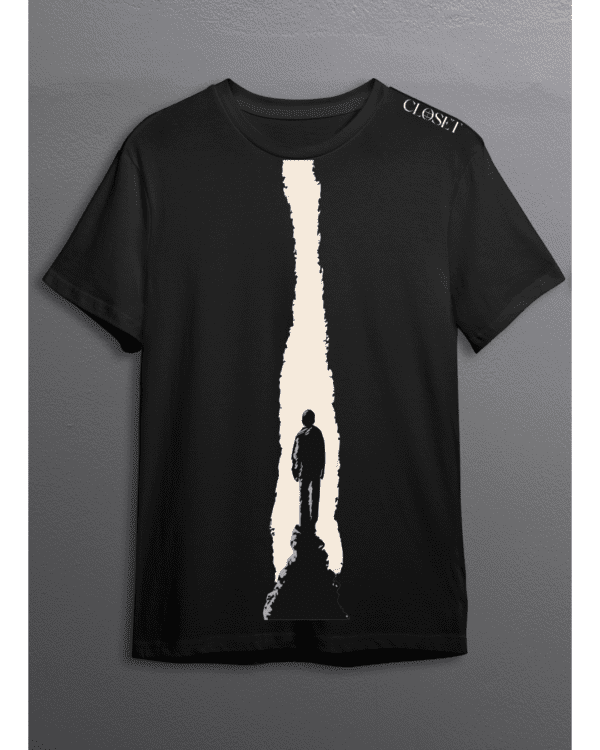 Black retro t-shirt with abstract figure standing inside a jagged vertical path – HH Closet minimal collection