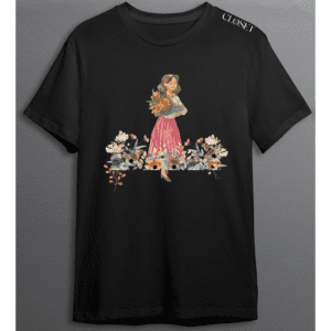 Black t-shirt featuring a floral print and woman in pink skirt holding autumn bouquet – HH Closet women’s retro collection