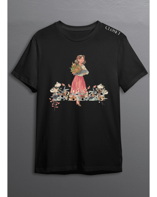 Black t-shirt featuring a floral print and woman in pink skirt holding autumn bouquet – HH Closet women’s retro collection