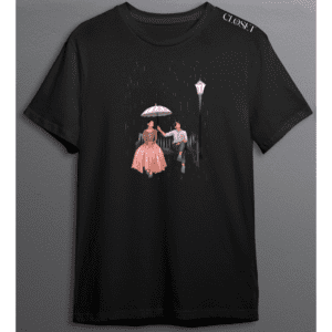 Black t-shirt with romantic illustration of a couple under a pink umbrella in the rain – HH Closet Retro Women’s Collection