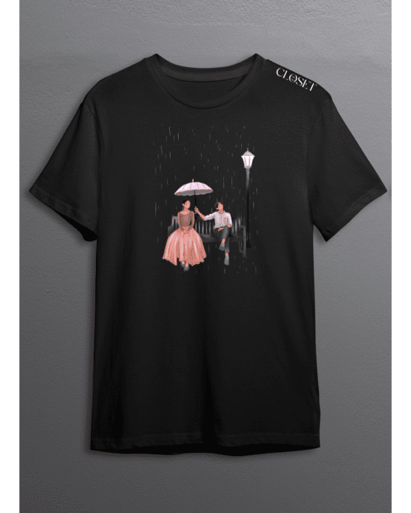 Black t-shirt with romantic illustration of a couple under a pink umbrella in the rain – HH Closet Retro Women’s Collection