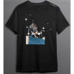 Black t-shirt featuring a couple standing on a staircase under a starry sky – HH Closet Retro Women’s Collection