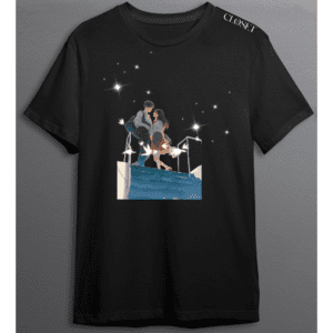 Black t-shirt featuring a couple standing on a staircase under a starry sky – HH Closet Retro Women’s Collection