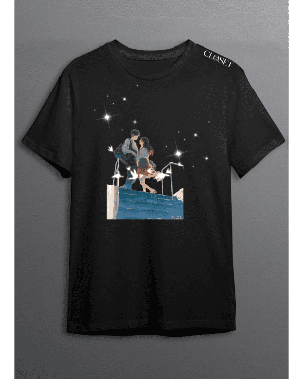 Black t-shirt featuring a couple standing on a staircase under a starry sky – HH Closet Retro Women’s Collection