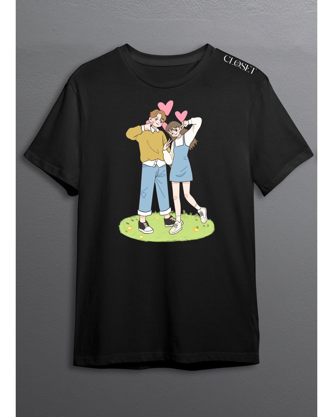 Black t-shirt featuring an anime-style couple posing playfully with pink hearts – HH Closet