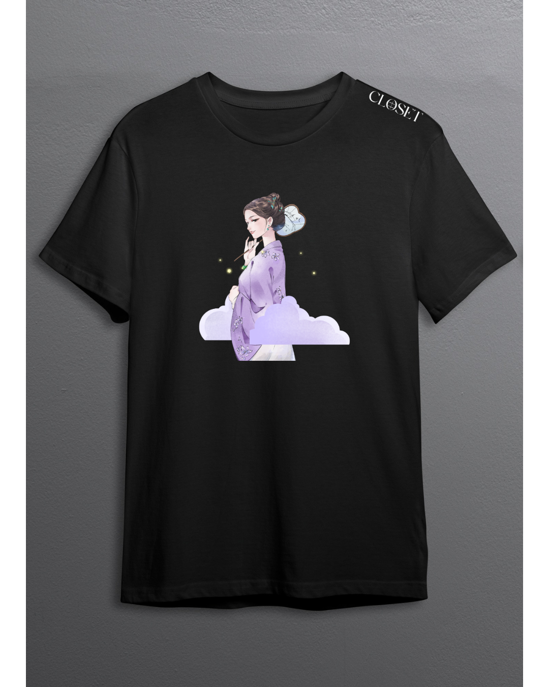 Black t-shirt with East Asian woman in lavender robe holding a fan with soft clouds – HH Closet Retro Collection