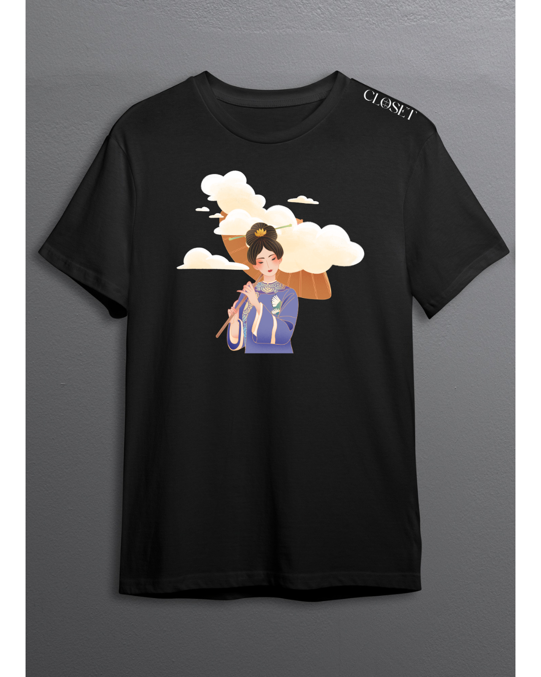 Black t-shirt with elegant woman in traditional Asian attire holding a parasol among soft clouds – HH Closet Retro Collection