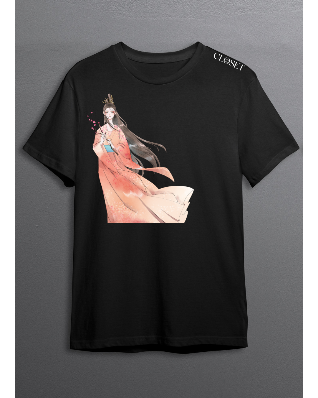 Black t-shirt with elegant woman in coral robe holding cherry blossoms – HH Closet Retro Collection