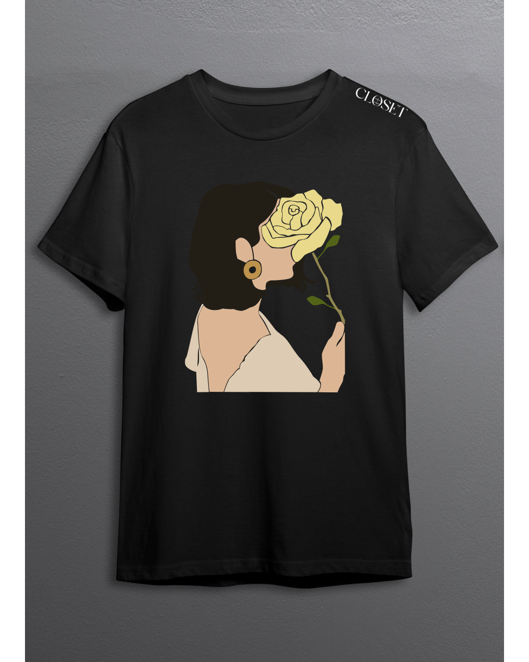 Black t-shirt with abstract faceless woman smelling a yellow rose – HH Closet Retro Collection