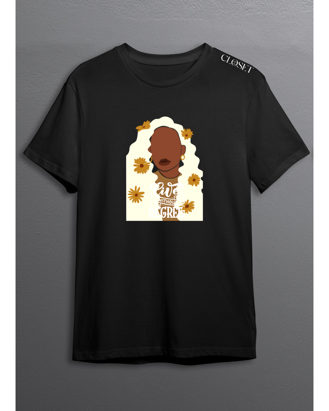 Black retro t-shirt with abstract woman and floral design – Live Without Regret by HH Closet