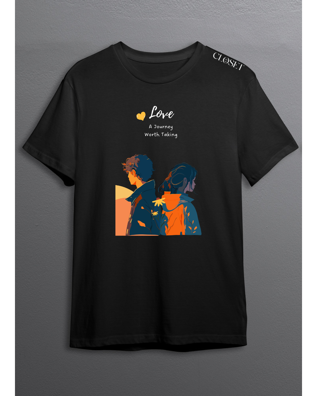 Black t-shirt with illustrated couple standing back to back in warm sunset tones with the quote “Love – A Journey Worth Taking” – HH Closet Retro Collection
