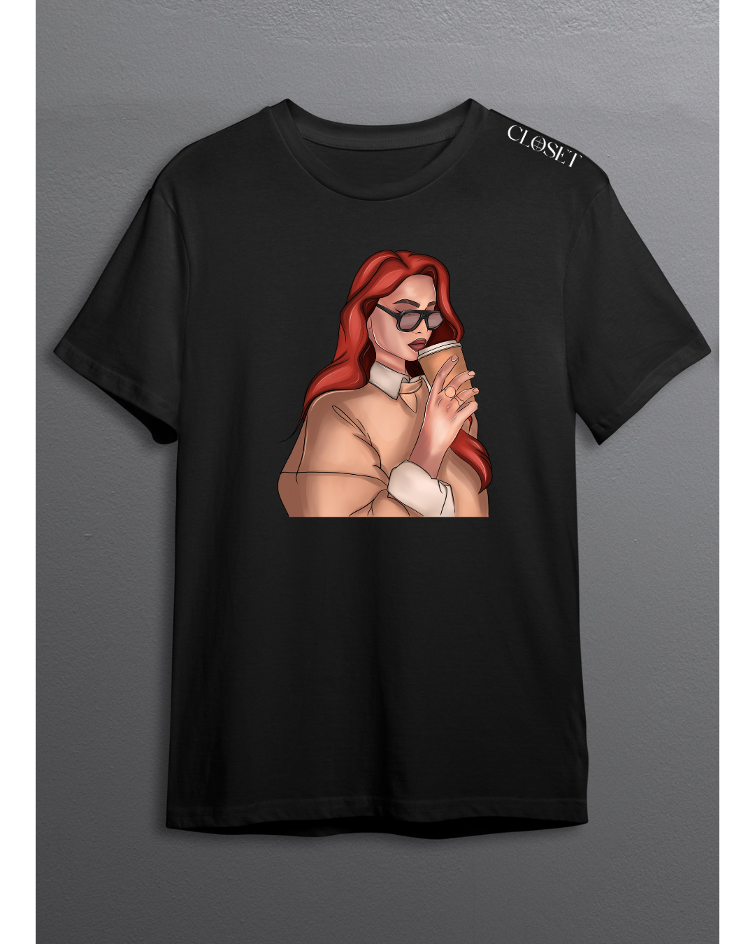 Black t-shirt with graphic of confident woman with red hair, sunglasses, and coffee cup – HH Closet Retro Collection