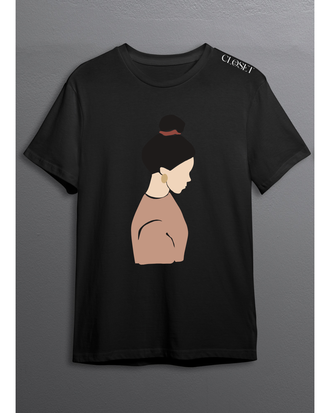 Black t-shirt with minimalist illustration of faceless woman with tied hair in downward reflective pose – HH Closet Retro Collection