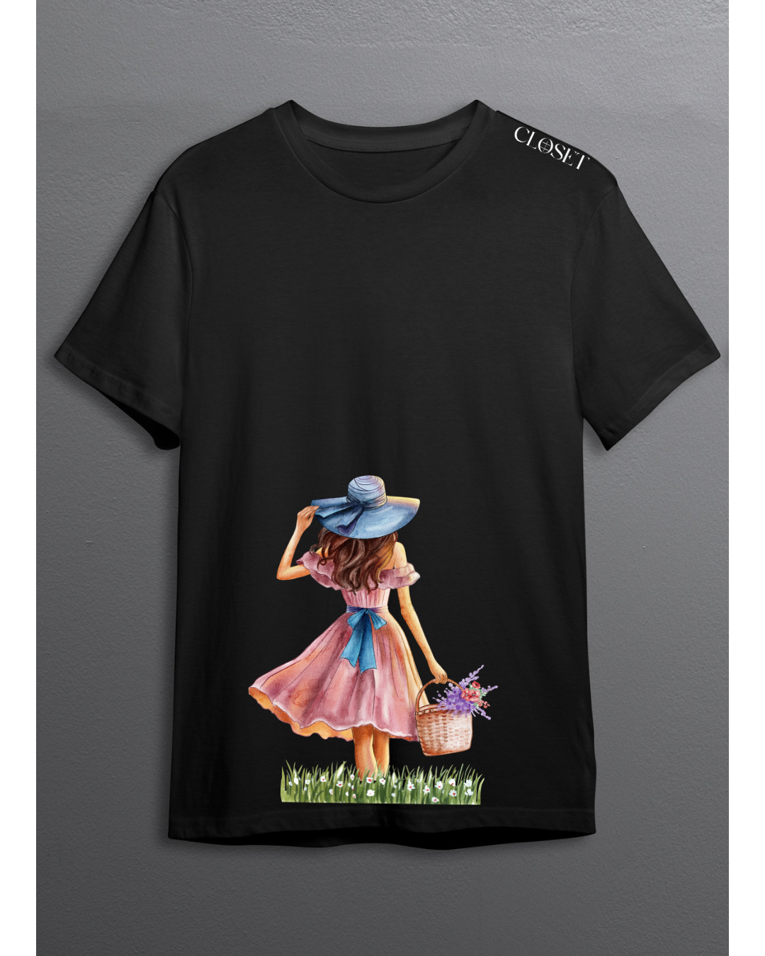 Black t-shirt with vintage-style girl in pink dress, holding a basket in a field – HH Closet Retro Collection