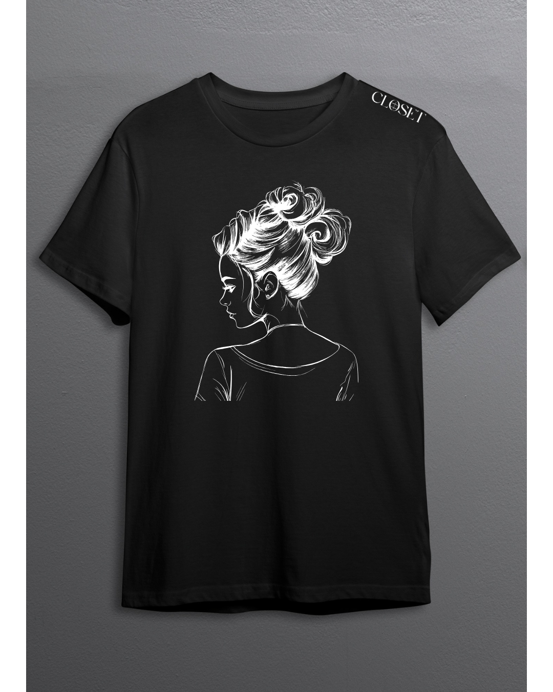 Black t-shirt with artistic white sketch of a woman in a bun – HH Closet Retro Women’s Collection