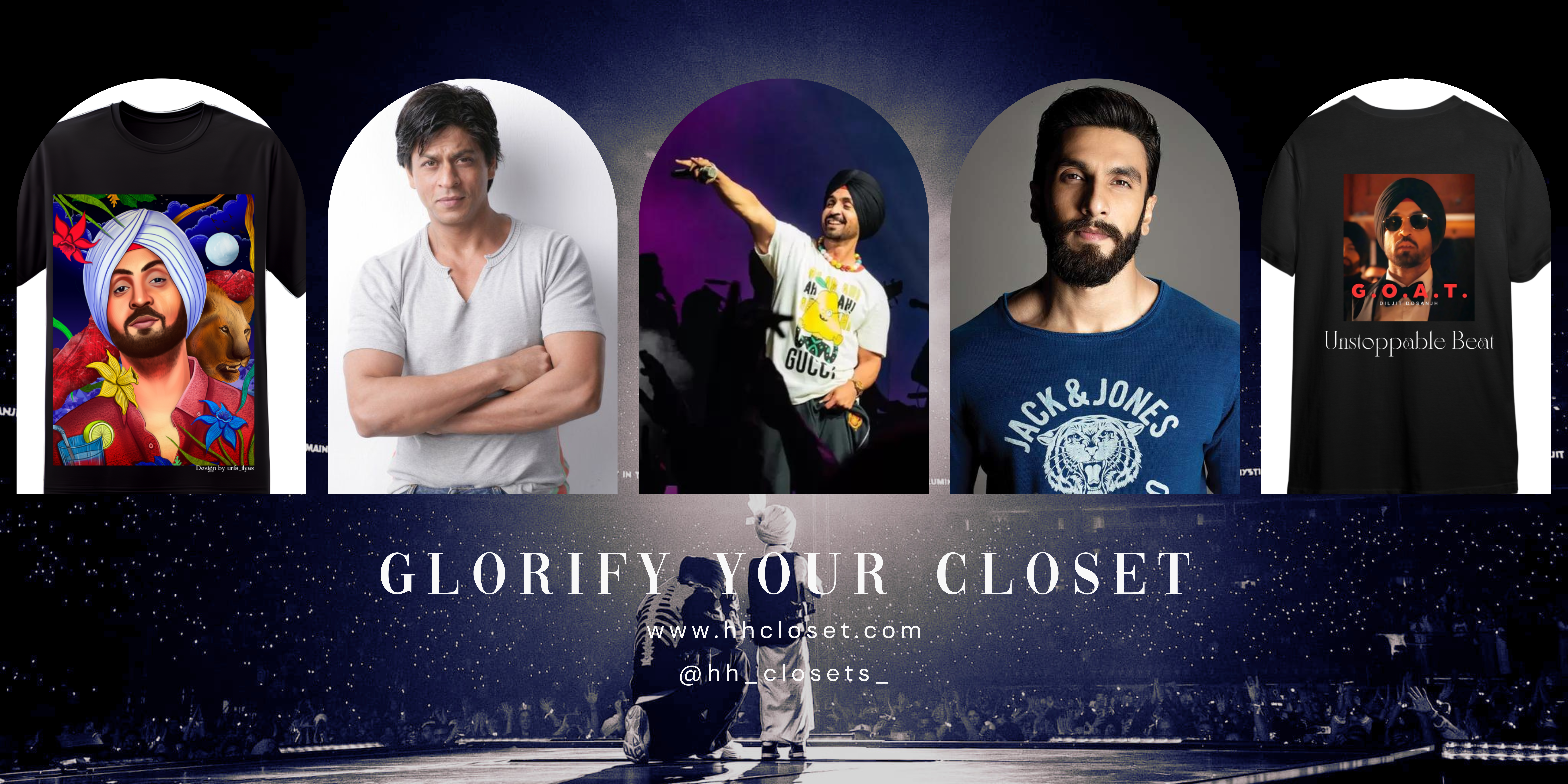 Banner featuring a series of t-shirts and celebrities with the tagline Glorify Your Closet.